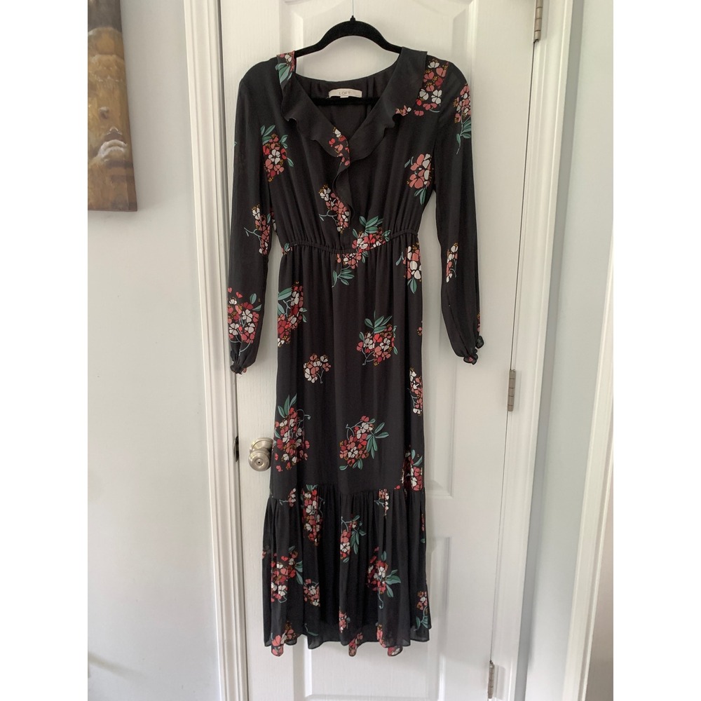 Loft Petites Floral Maxi Dress‎ Ruffle Long Sleeve gray Pink SP Cottagecore